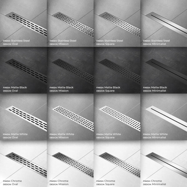 Compotite Linear Drain Grates, Stainless Steel, Matte Black, Matte White, Chrome