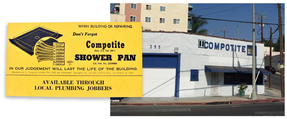 An old ad from for a pre-formed shower pan and the original Compotite office in Southern California.
