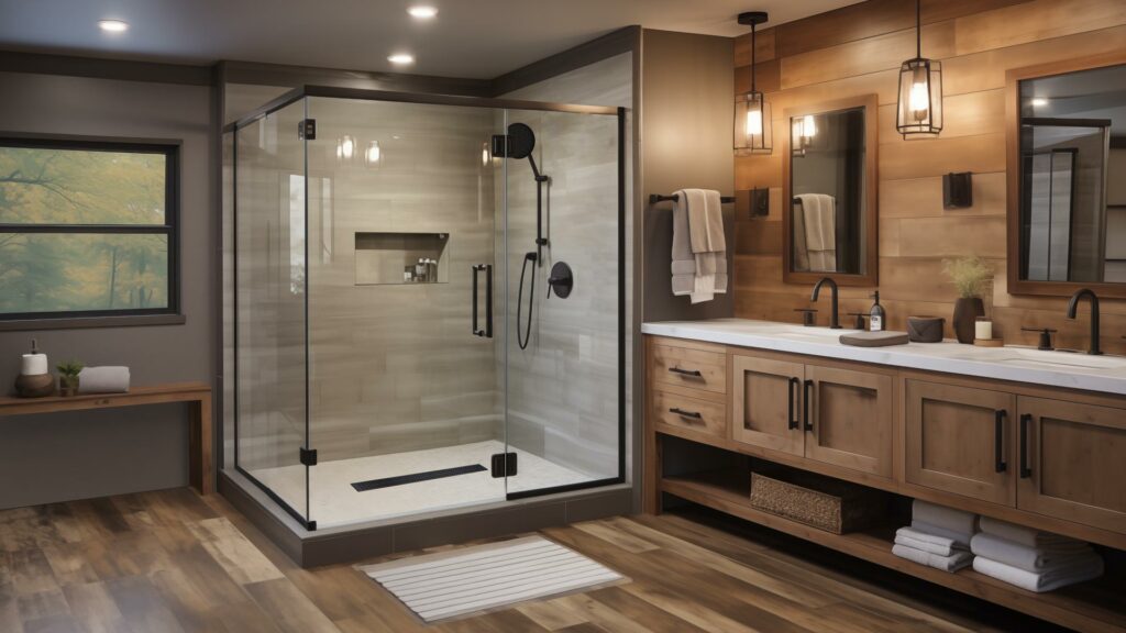 Large rustic bathroom and a walk-in shower with matching linear drain, and pre-formed curbs and shower pan.